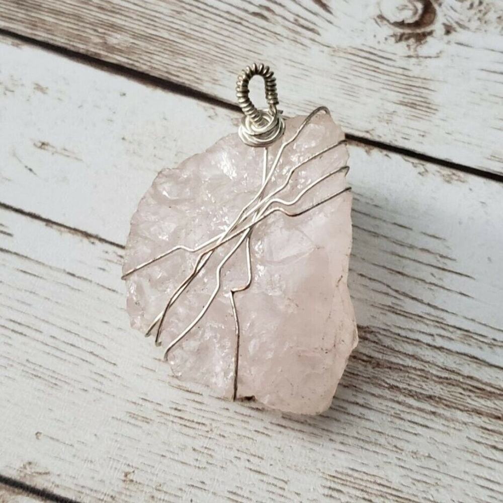 Rose Quartz Raw Stone Pink Pendant with Silver Tone Wire Wrap